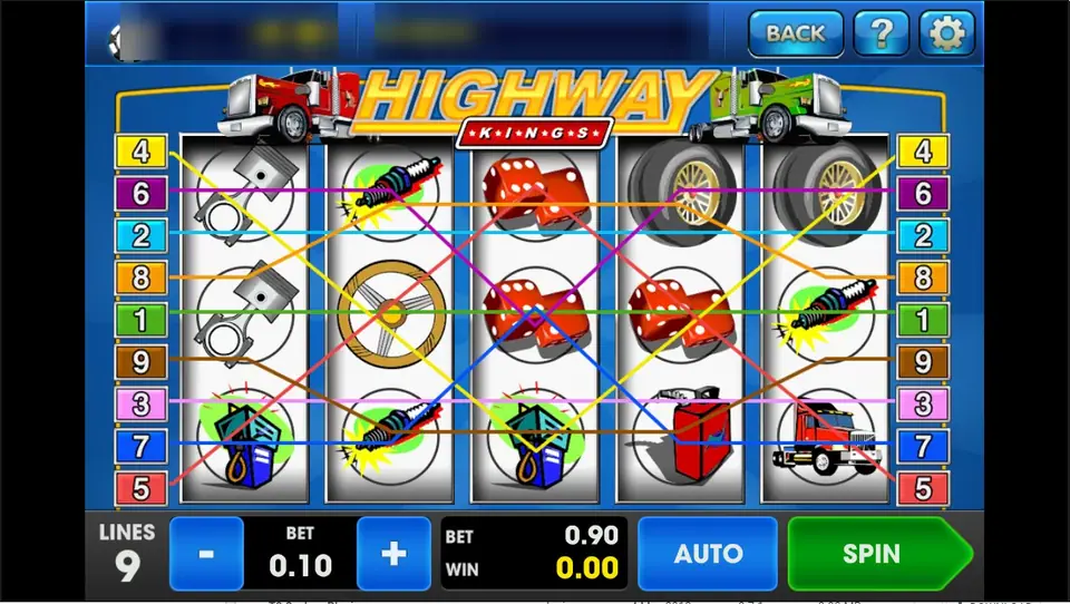 Highway Kings on 3Win8: pistons, spark plugs, dice, tyres and a red truck on five reels, 9 lines at 0.10 for a 0.90 bet