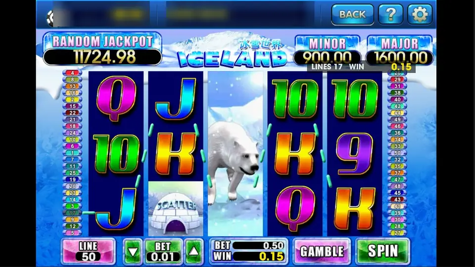 Iceland on 3Win8: the polar bear wild covering reel 3 and an igloo scatter, 50 lines at 0.01 with a Gamble button