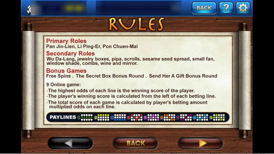 Jing Ping Mei rules scroll on 3Win8: primary and secondary roles, three bonus games and the 9 paylines