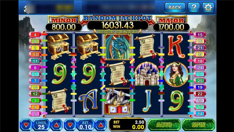 Mystic Dragon on 3Win8: a blue dragon on reel 3, treasure chests, scrolls, a castle, a knight and a princess in green, 25 lines at 0.10