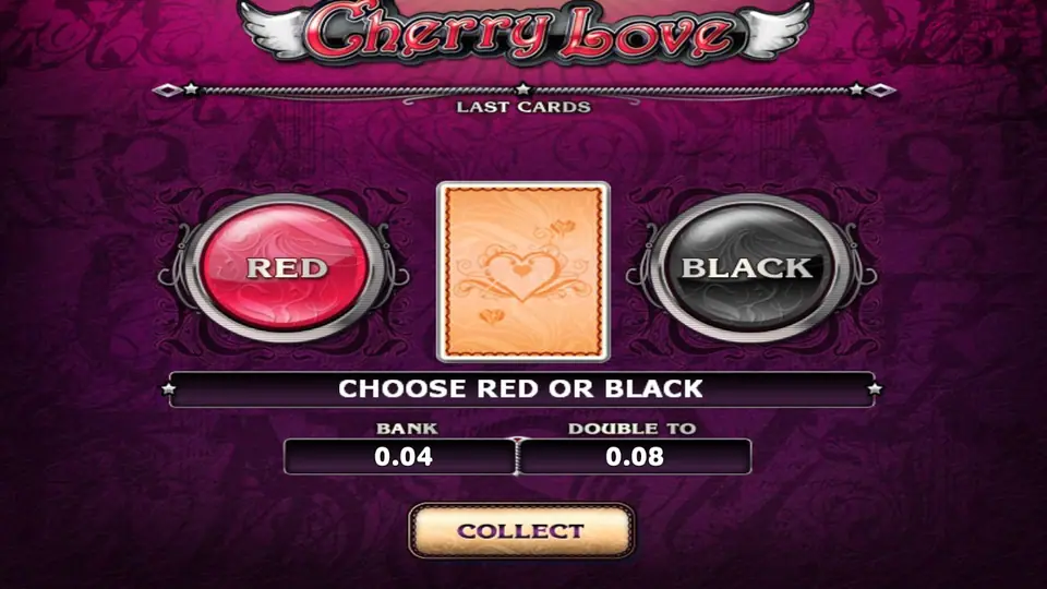 Cherry Love gamble screen on 918Kiss: choose red or black, bank 0.04, double to 0.08, and a Collect button