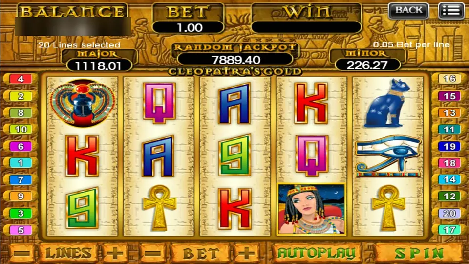 Cleopatra's Gold on 918Kiss with a scarab, a blue cat statue, the Eye of Horus, ankhs and a Cleopatra portrait, 20 lines at 0.05 for a bet of 1.00