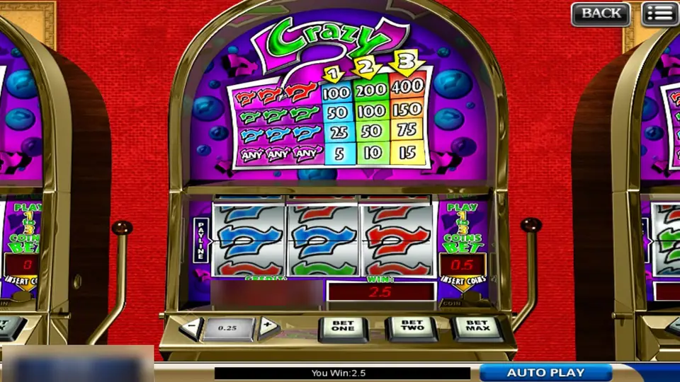 Crazy 7 on 918Kiss with blue, blue and red sevens on the payline, a two-coin bet of 0.5 and You Win 2.5