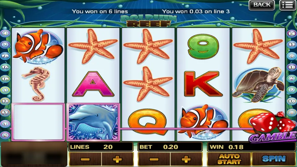 Dolphin Reef on 918Kiss with a dolphin on reel 2, starfish and clownfish, a win of 0.18 on 20 lines at a bet of 0.20