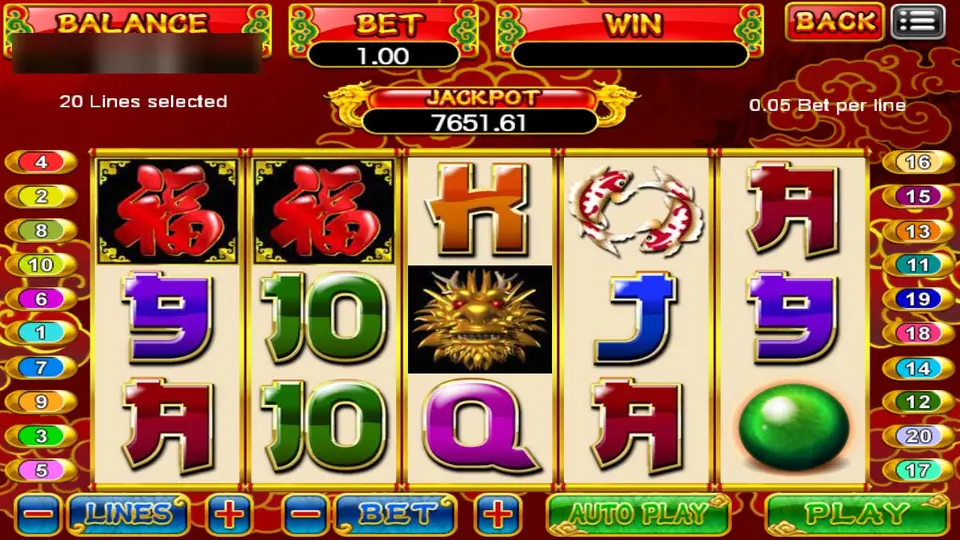 Dragon Gold on 918Kiss with 福 tiles, a gold dragon head, koi and a jade orb, 20 lines at 0.05 a line for a bet of 1.00