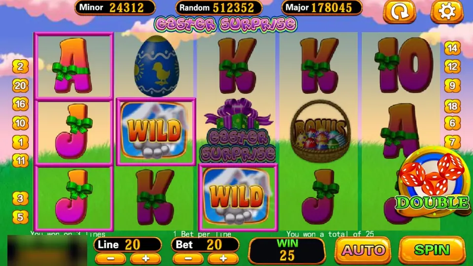 Easter Surprise on 918Kiss with two wild tiles, a Bonus basket and the gift box logo, a win of 25 at a bet of 20