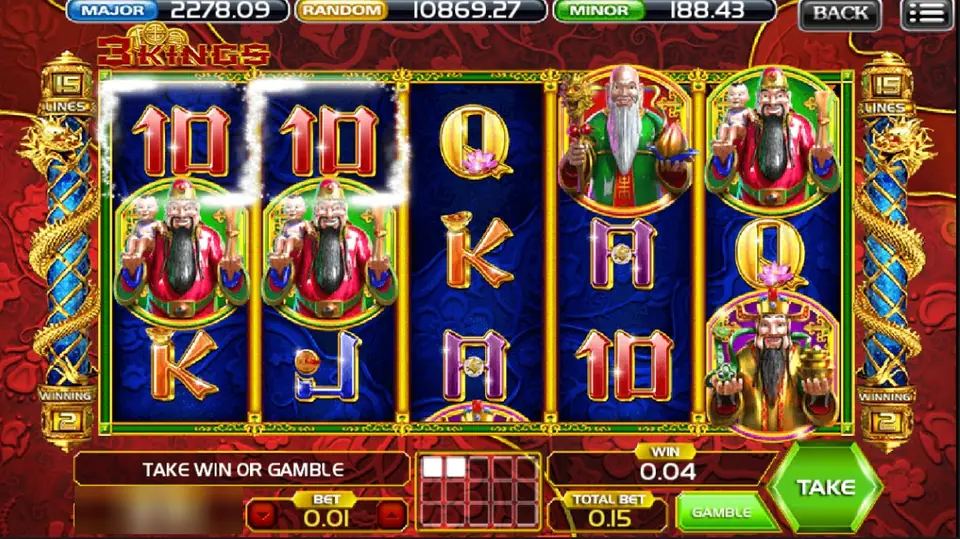 3 Kings on ACE333 after a win of 0.04 on line 2, bet 0.01 a line for a total of 0.15, with Take and Gamble buttons