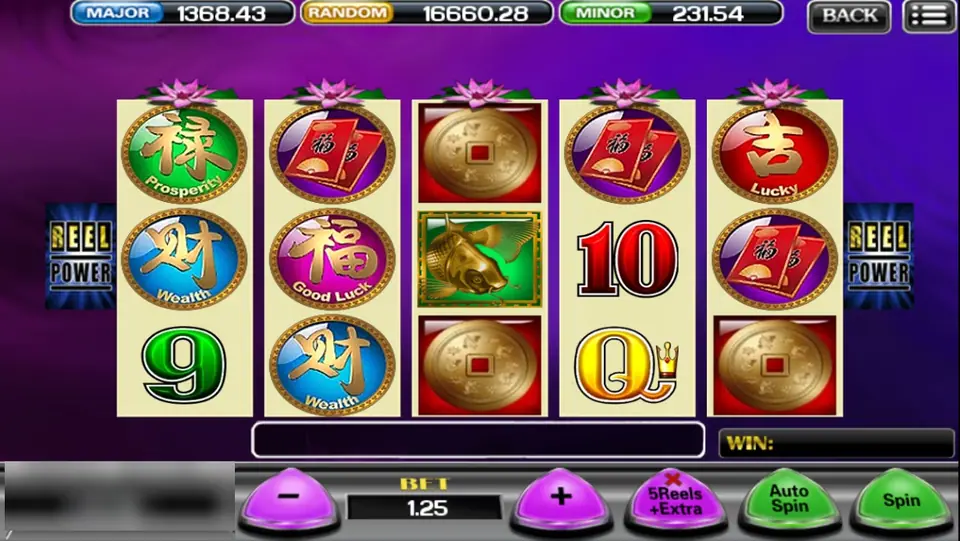 5 Koi on ACE333 with Prosperity, Wealth, Good Luck and Lucky medallions, a golden koi on reel 3 and a bet of 1.25