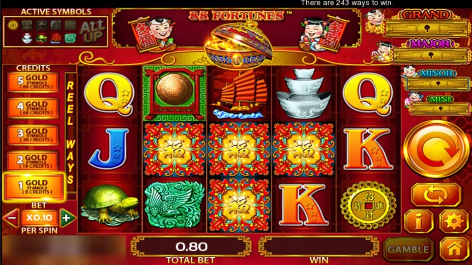 88 Fortunes on ACE333 with 243 ways, a gold symbol column from 8 to 88 credits, a bet of x0.10 per spin and a total bet of 0.80