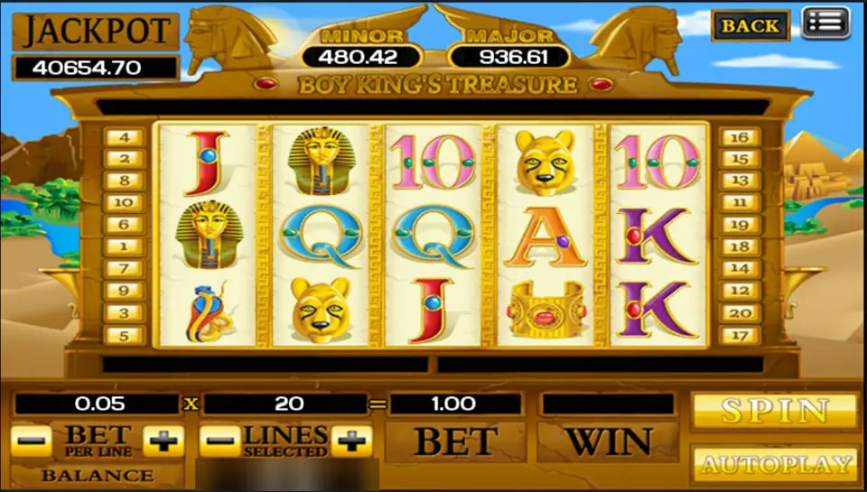 Boy King's Treasure on ACE333 with pharaoh masks, a lioness mask, a cobra and a gold cuff, 20 lines at 0.05 for a bet of 1.00