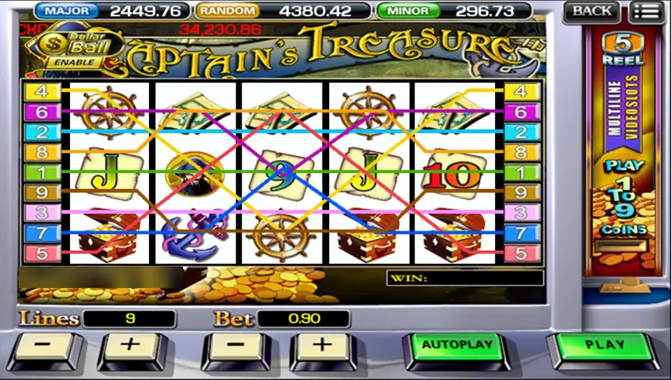 Captain's Treasure on ACE333 with ship's wheels, sea charts, an anchor and treasure chests, 9 lines drawn at a bet of 0.90
