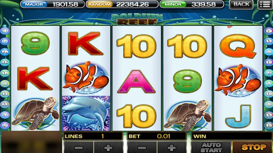 Dolphin Reef on ACE333 with a dolphin on reel 2, clownfish, sea turtles and gold letters, one line at 0.01