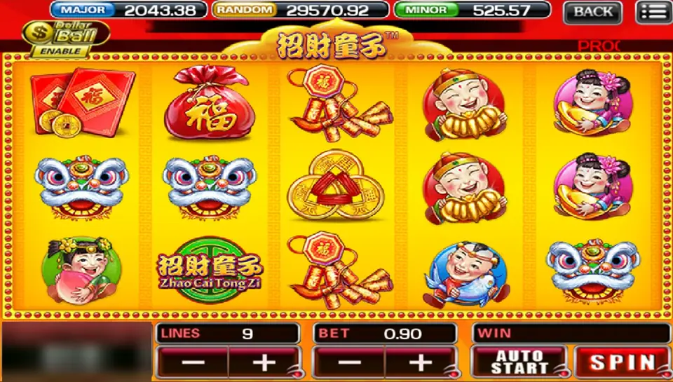 Zao Chai Tong Zi on ACE333 with the four child symbols, lion dance heads and red envelopes, 9 lines at a bet of 0.90