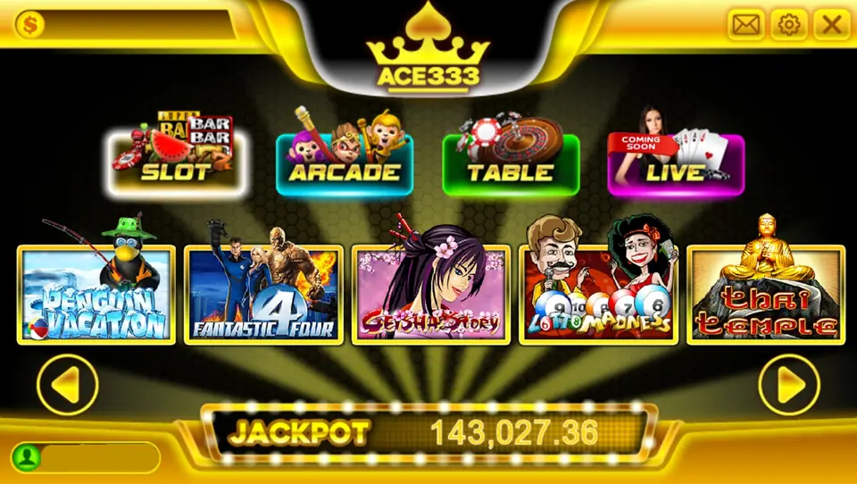 ACE333 lobby with Slot, Arcade, Table and Live tabs, tiles from Penguin Vacation to Thai Temple and a jackpot bar at 143,027.36