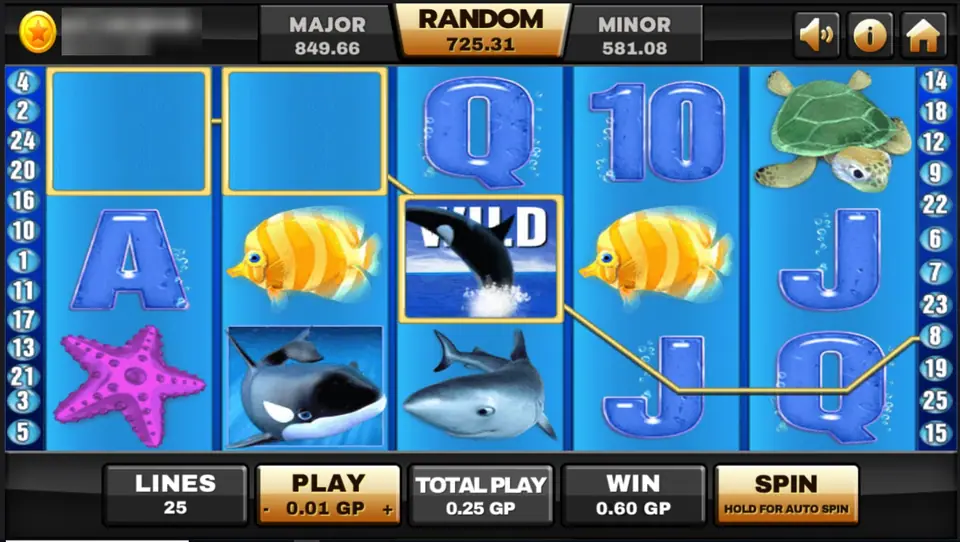 Great Blue on Joker123 with the killer whale wild on reel 3, yellow fish, a shark and a win line, 25 lines at 0.01 GP