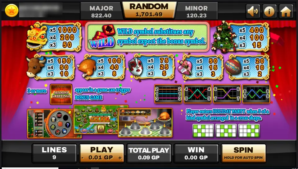 Happy Party pay table on Joker123: the lion dance head, the firecracker wild, the Seasons Greetings bonus symbol and the Holiday Party cross shape rule