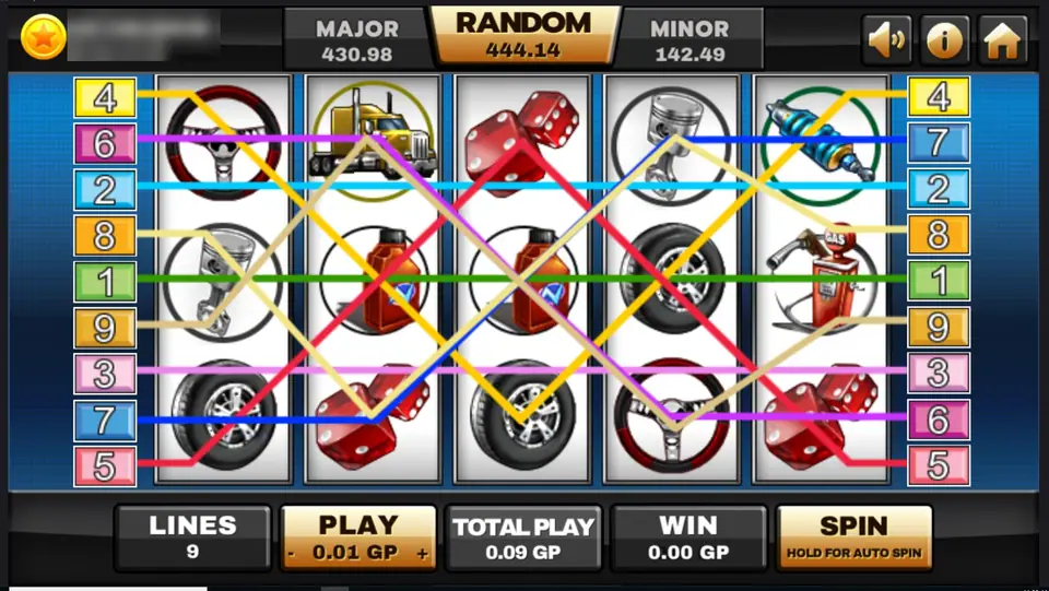 Highway Kings on Joker123 with all nine lines drawn over steering wheels, dice, a tyre, a fuel pump and a yellow truck, 0.09 GP total