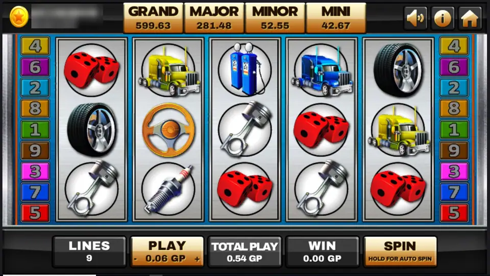 Highway Kings JP on Joker123: dice, trucks, a tyre, fuel pumps and spark plugs on five reels, GRAND, MAJOR, MINOR and MINI meters on top and a 9 line bet of 0.54 GP