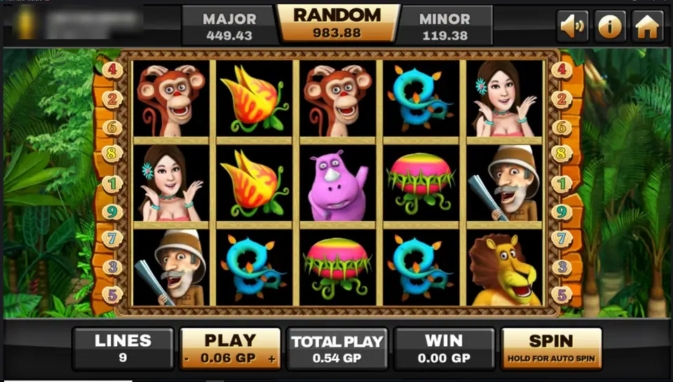 Huga: an explorer with a shotgun, a girl with a flower in her hair, a monkey, a pink rhino, a lion and jungle plants, 9 lines at 0.06 GP