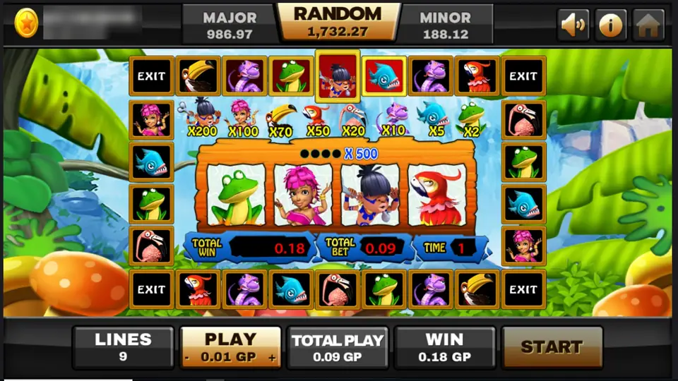 Jungle Island bonus board on Joker123: a ring of animal tiles with EXIT corners, multipliers from x2 to x200, a x500 window, total win 0.18 and total bet 0.09