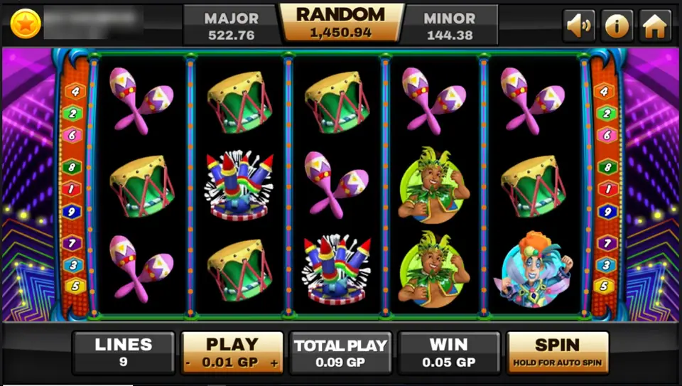 Mamma Mia on Joker123: maracas, drums, fireworks and a carnival dancer on five reels, 9 lines at 0.01 GP for 0.09 GP