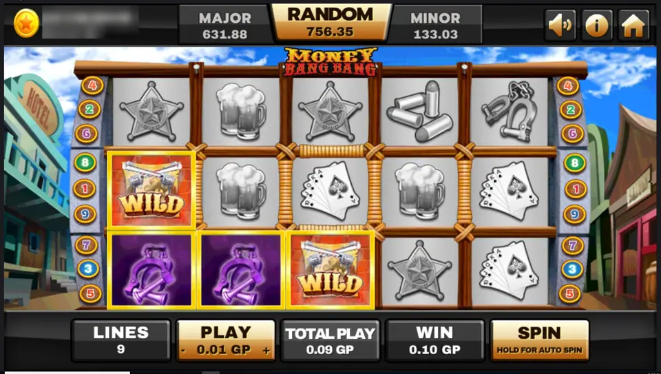 Money Bang Bang on Joker123: two crossed revolver wilds completing a line with purple handcuffs, 9 lines at 0.01 GP