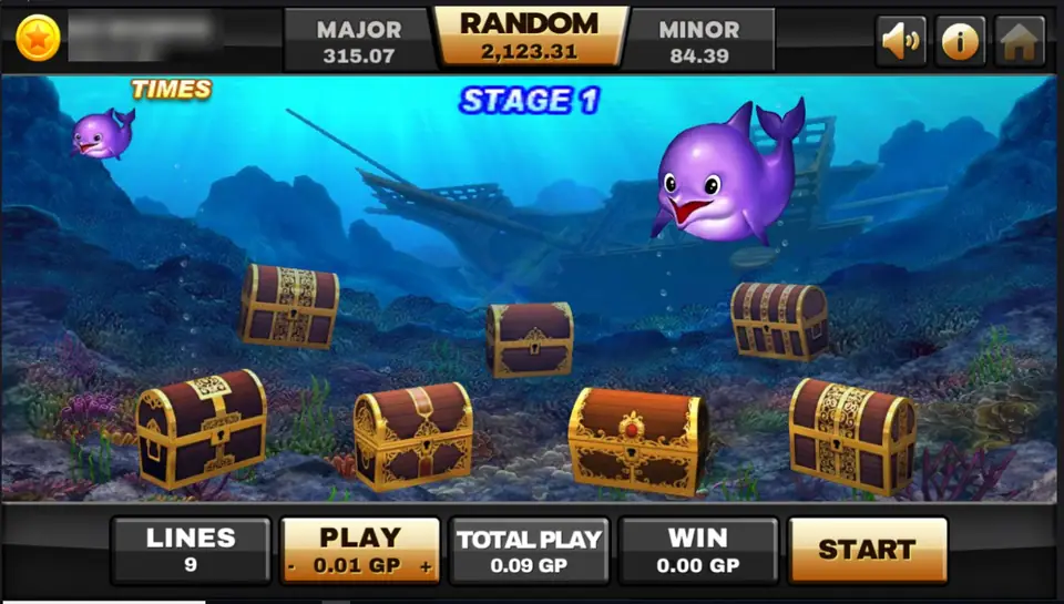 Ocean Paradise bonus stage on Joker123: STAGE 1 on the seabed with a shipwreck, a row of treasure chests and a dolphin counter marked TIMES