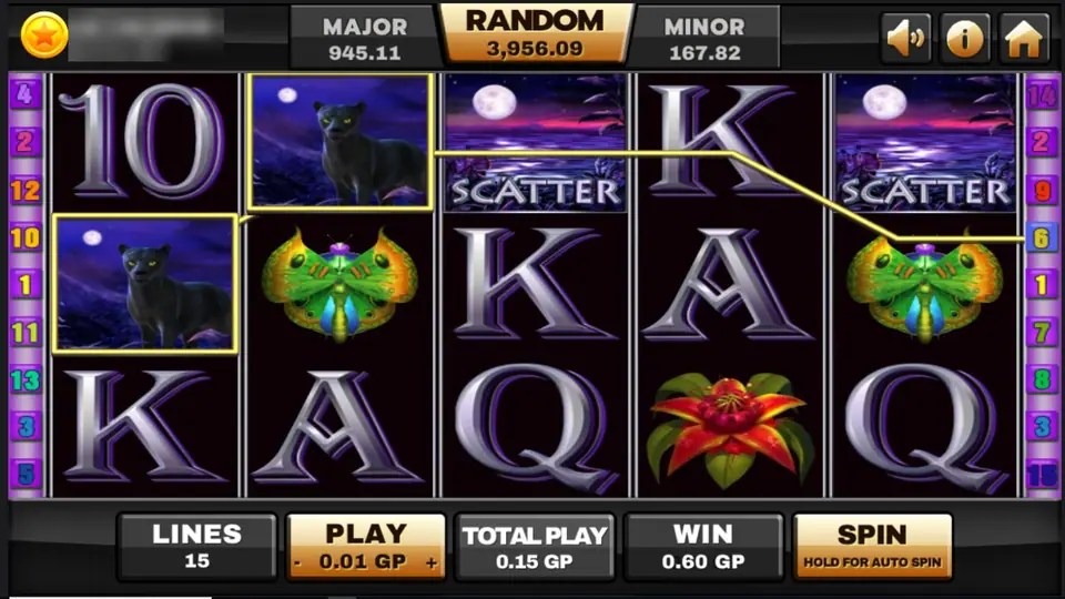 Panther Moon on Joker123: two black panther wilds and two moonlit lake scatters with a winning line, 15 lines at 0.01 GP for 0.15 GP