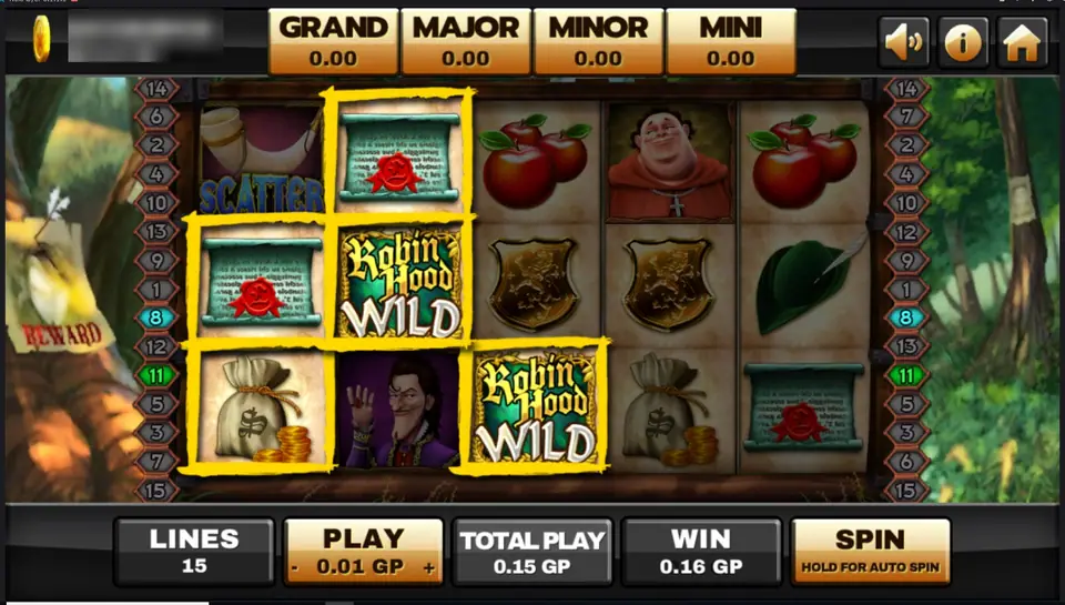 Robin Hood on Joker123: two Robin Hood wild logos completing a line with scrolls and a money bag, a horn scatter on reel 1, 15 lines at 0.01 GP