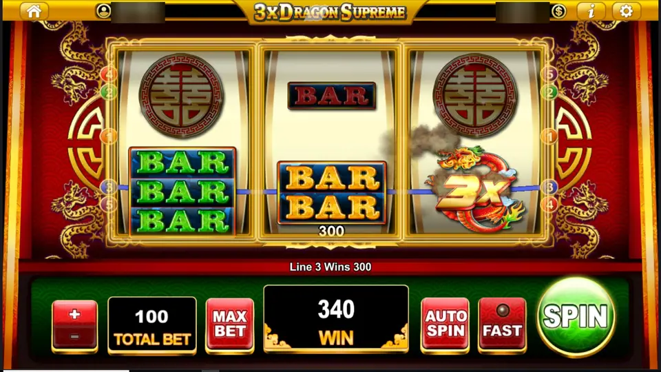 3x Dragon Supreme on Live22 with triple and double BAR symbols and a 3x dragon on line 3, a win of 340 at total bet 100