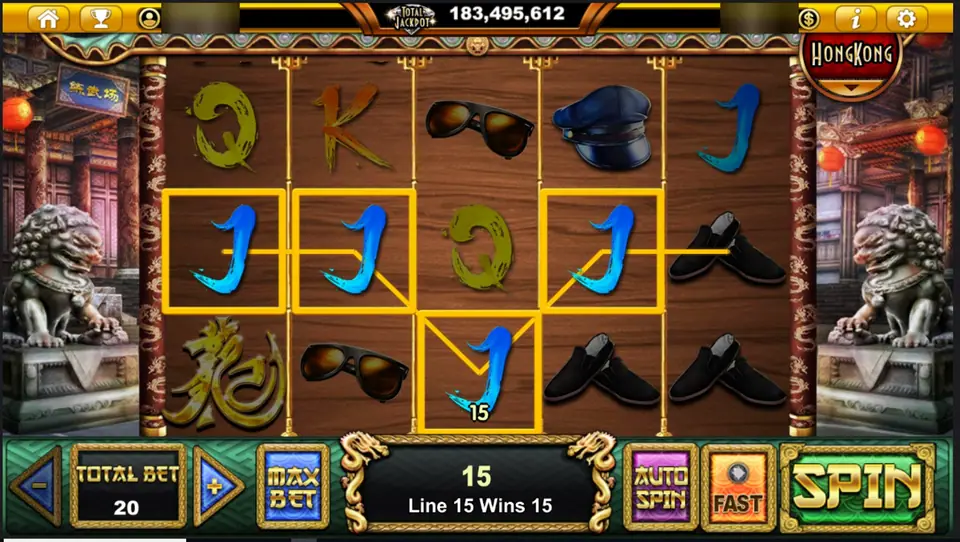 Bruce the Legend on Live22 with four blue J symbols on line 15, sunglasses, a peaked cap and black cloth shoes, total bet 20