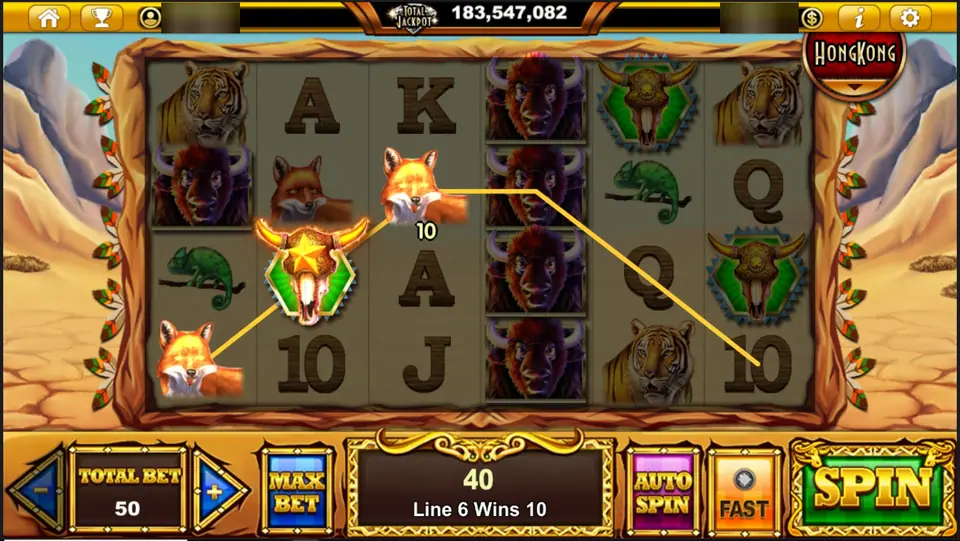 Buffalo Blaze on Live22 with six reels, foxes, bison, tigers and a bull skull on a green hexagon completing a line 6 win, total bet 50