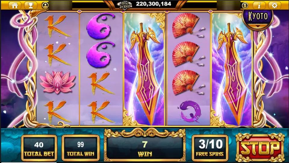 Sacred Relics free spins on Live22 with a tall sword filling reels 3 and 5, red fans and lotus flowers, free spin 3 of 10