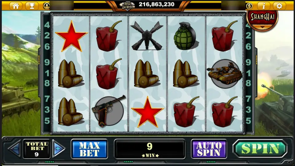 Tank Attack on Live22 with two red stars, fuel cans, bullets, a grenade and a tank on five reels, total bet 9 and a win of 9