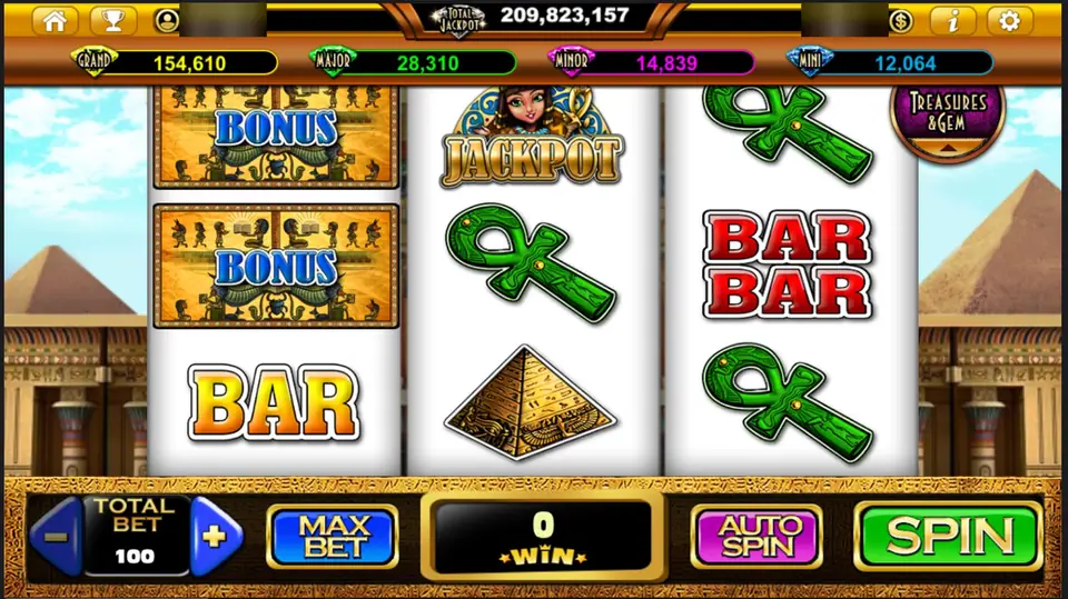 The Lost Gems on Live22 with Bonus tiles on reel 1, a Jackpot symbol, ankhs and BARs under the four jackpot meters, total bet 100