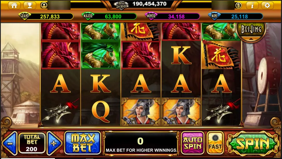 The Mulan on Live22 with red dragons, green armoured horses, a flower banner and two warrior symbols, total bet 200 and a Max Bet reminder