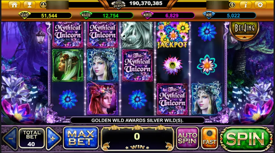 The Mythical Unicorn on Live22 with fairy portraits, glowing flowers, logo tiles and a flower Jackpot symbol, total bet 40