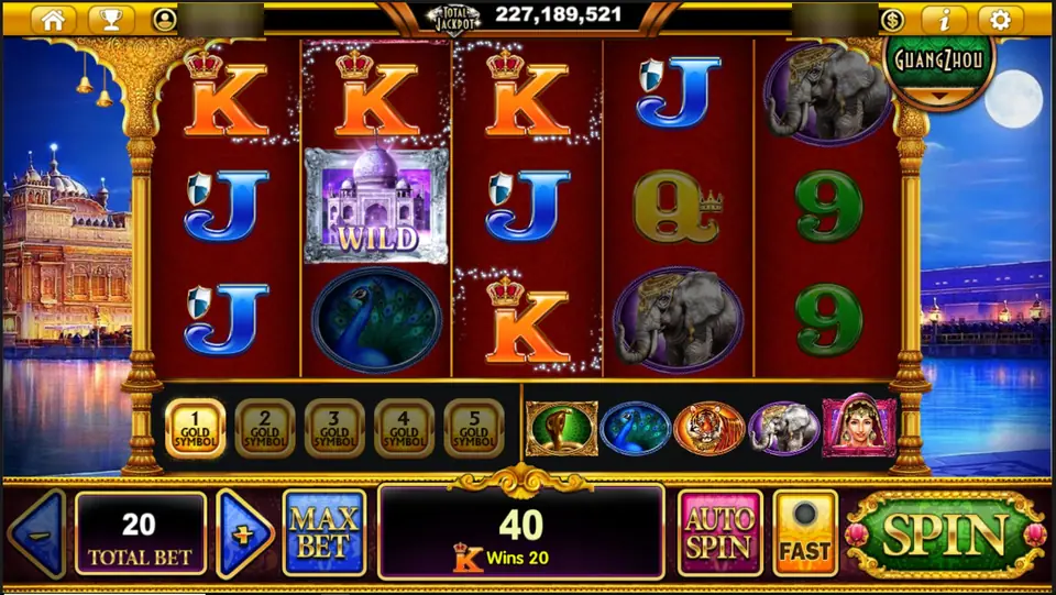 The Taj Majestic on Live22 with a Taj Mahal Wild, a tiger, an elephant and a peacock, and a Gold Symbol strip under the reels, total bet 200