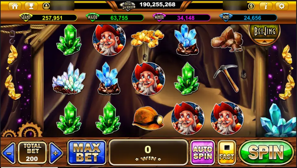 Treasures Varna on Live22 with the prospector on four reels, green and blue crystals, gold nuggets and a pickaxe, total bet 200