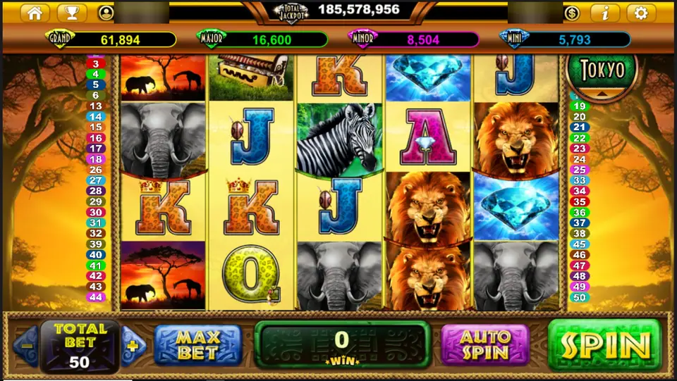 Wilds of Africa on Live22: lions, elephants, a zebra and blue diamonds on five reels at sunset, 50 numbered lines, total bet 50