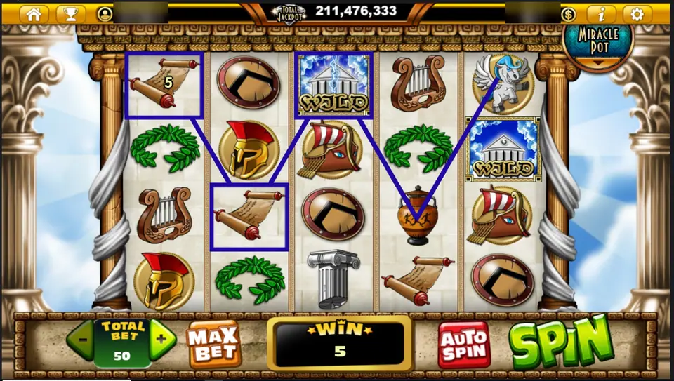 Zeus D'Mighty on Live22 with a temple Wild on reels 3 and 5, scrolls, a lyre, a helmet and a warship prow, win 5 at total bet 50