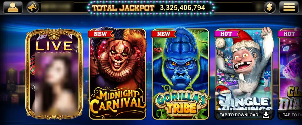 Live22 lobby with a Live Casino tile, Midnight Carnival, Gorilla's Tribe and Jingle Winnings under a Total Jackpot counter, balance and dealer photo blurred