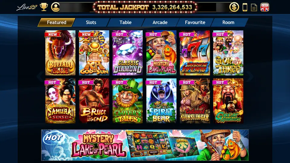 Live22 lobby on the Featured tab with Buffalo Blaze, God of Sun, Classic Diamond and nine more tiles under a Total Jackpot counter, player ID and balance blurred