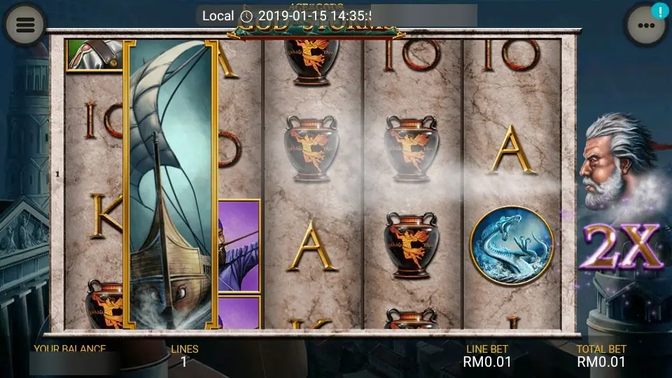 God of Storms on LPE88: the storm god blows a stacked ship across the reels with a 2X multiplier beside him