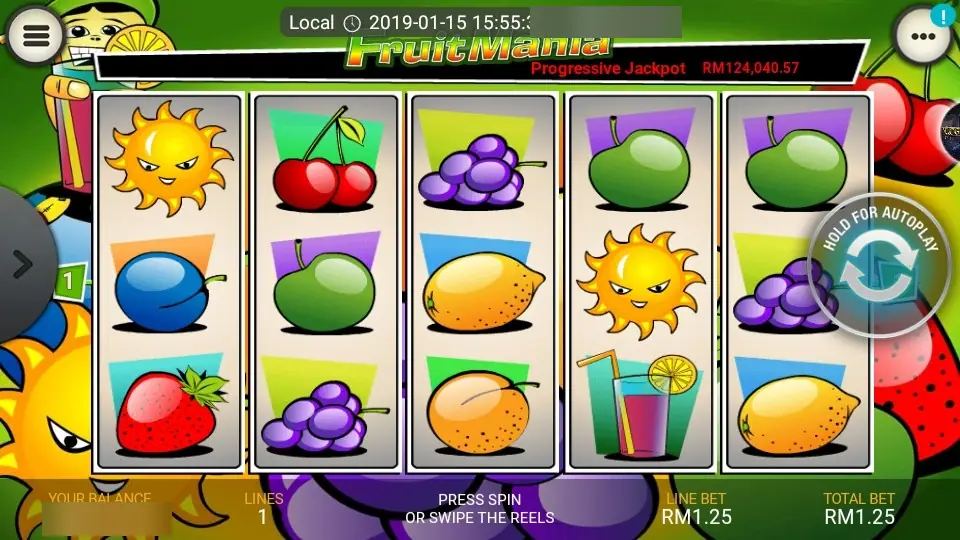 Fruit Mania on LPE88 with a progressive jackpot of RM124,040.57 over five reels of cartoon fruit and grinning suns