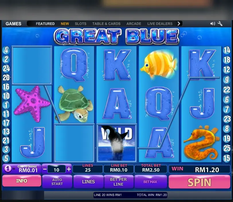 Great Blue on the LPE88 web version with a starfish, a turtle, a yellow fish, a seahorse and the orca wild on reel 3, 25 lines at RM0.10 a line