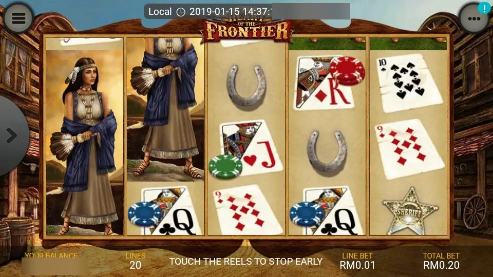 Heat of the Frontier on LPE88: a woman with a feather fan stacked on reels 1 and 2, horseshoes, playing cards and a sheriff's badge