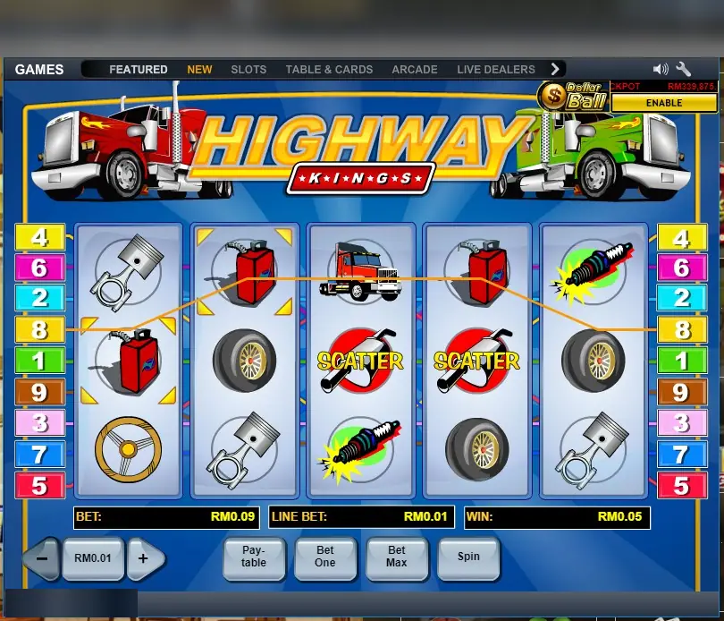 Highway Kings on the LPE88 web version: nine coloured line tabs, muffler scatters and a win of RM0.05 on line 8