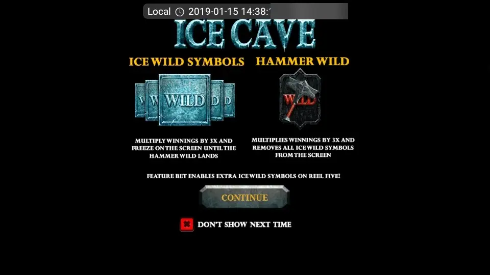 Ice Cave info screen on LPE88: Ice Wild symbols multiply wins by 3x and freeze until the Hammer Wild lands and removes them