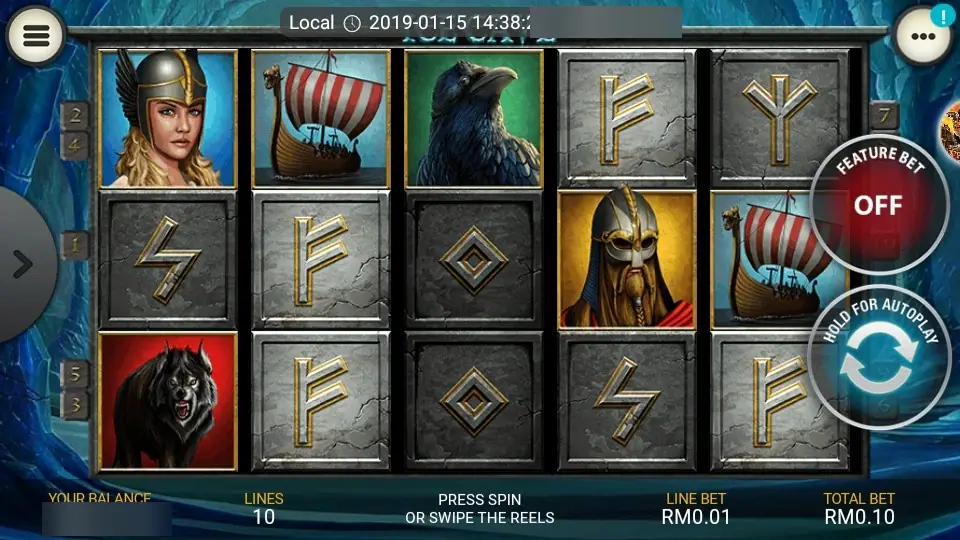 Ice Cave inside the LPE88 app: menu and options buttons on top, a Feature Bet switch and Hold for Autoplay on the right, 10 lines at RM0.01